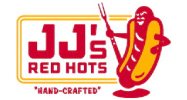 A red and yellow logo of jj 's grilled hot dogs.