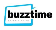 A blue and white logo of buzztime entertainment.