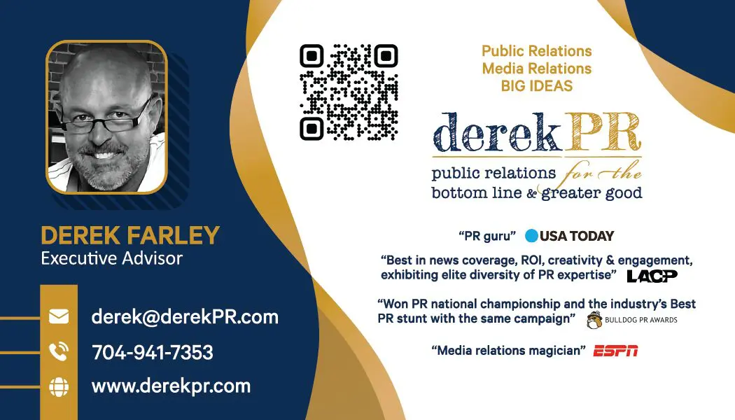 A business card for derek parker, the public relations and media relations director.